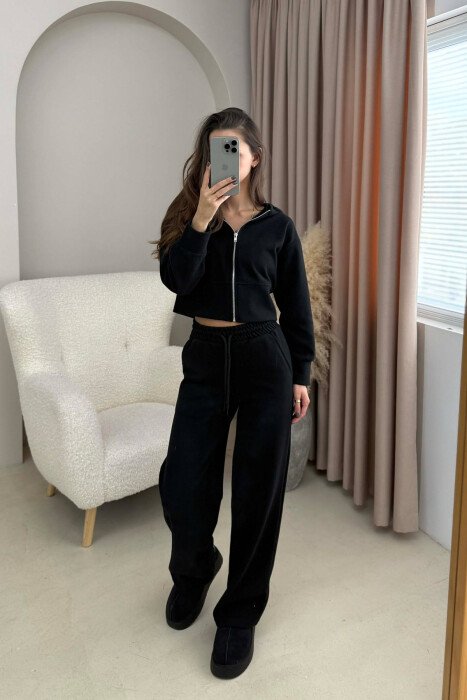 HOOD CROPPED JACKET+SWEATPANTS SIMPLE WOMEN SET BLACK/ E ZEZE - KLAUDIO FASHION