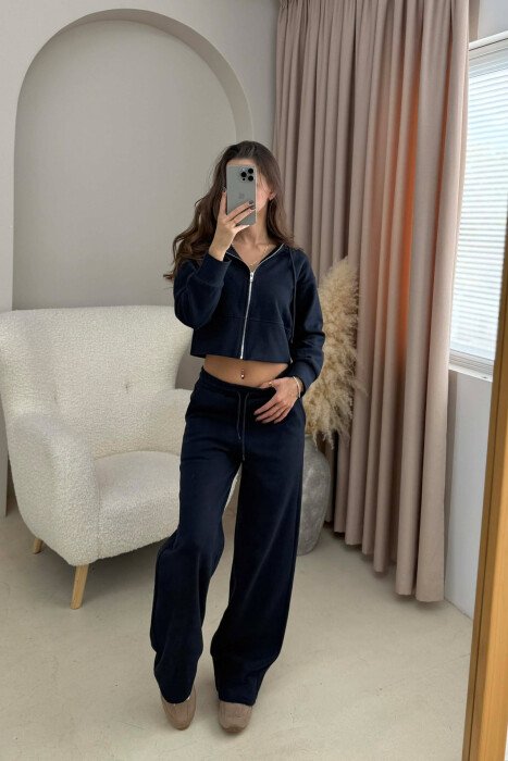 HOOD CROPPED JACKET+SWEATPANTS SIMPLE WOMEN SET DARK BLUE/BEE - KLAUDIO FASHION