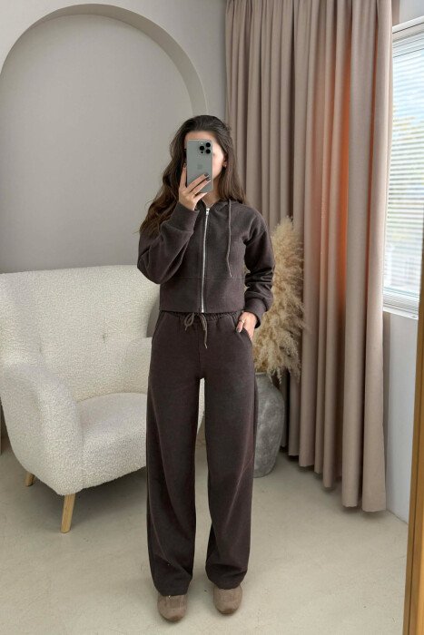 HOOD CROPPED JACKET+SWEATPANTS SIMPLE WOMEN SET DARK BROWN/KAE - KLAUDIO FASHION