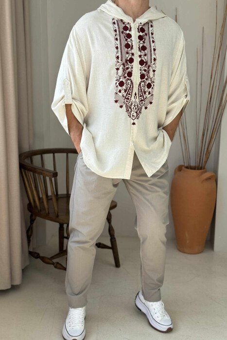HOOD DESIGNED MEN T-SHIRT CREAM/KREM - KLAUDIO FASHION