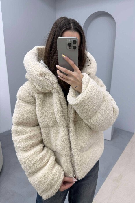 XHAKETË LËKURË DELEJE ME KAPUC PËR FEMRA NË NGJYRËN BEZHË - KLAUDIO FASHION