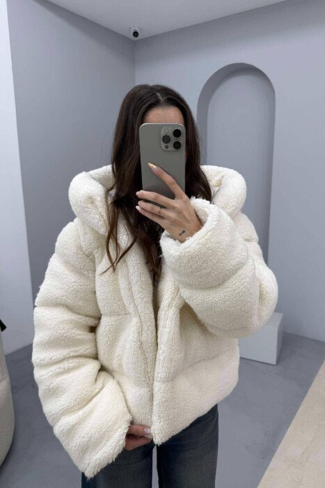 XHAKETË LËKURË DELEJE ME KAPUC PËR FEMRA NË NGJYRËN KREM - KLAUDIO FASHION