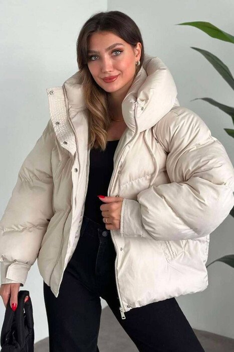 HOOD WOMEN PUFFER JACKET CREAM/KREM - KLAUDIO FASHION