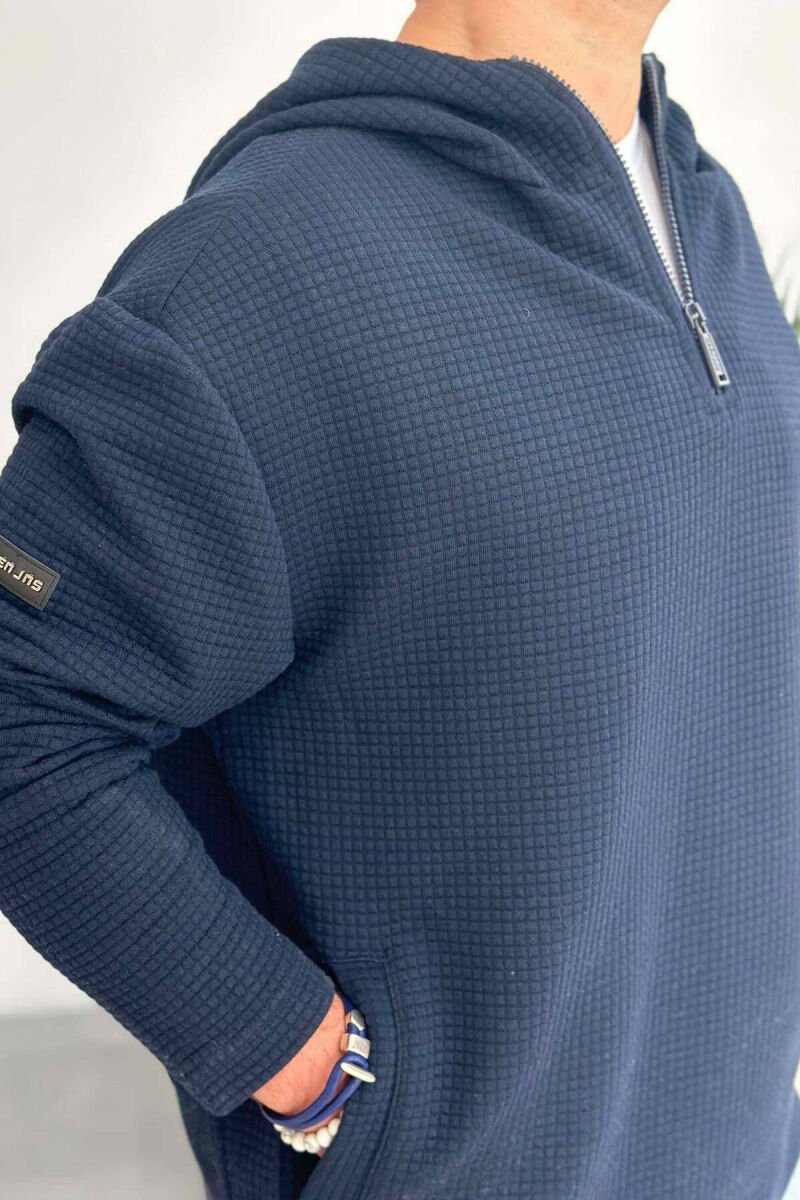 HOOD ZIPPER ONE COLOR MEN HOODIE DARK BLUE/BEE - 3