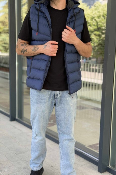 HOOD ZIPPER POCKET MEN VEST BLUE/BLU - KLAUDIO FASHION