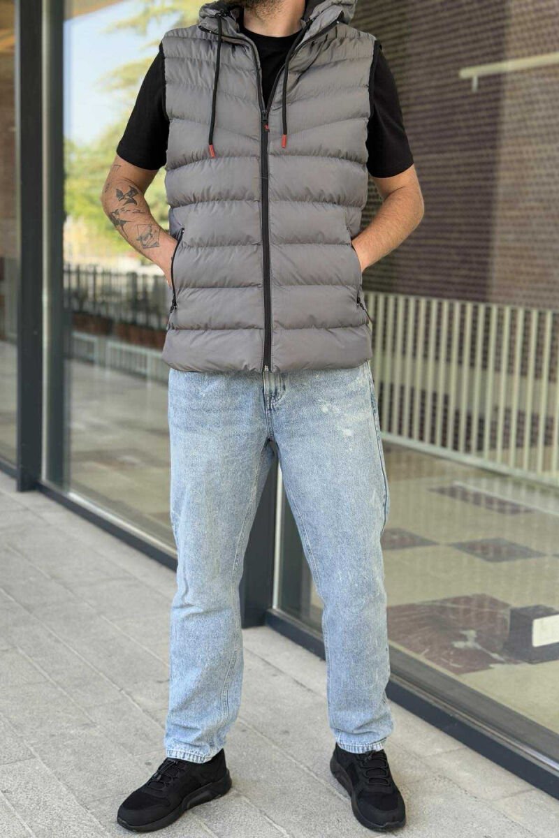 HOOD ZIPPER POCKET MEN VEST GREY/GRI - 1