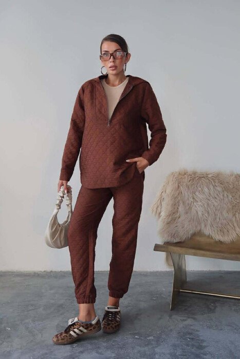 HOOD ZIPPERED SWEATSHIRT+TROUSERS WOMEN SET BROWN/KAFE - KLAUDIO FASHION