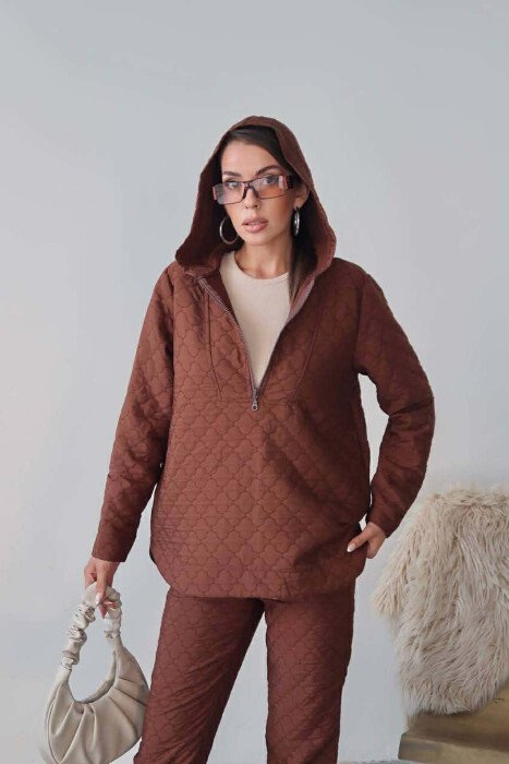 HOOD ZIPPERED SWEATSHIRT+TROUSERS WOMEN SET BROWN/KAFE - 5