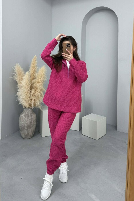 HOOD ZIPPERED SWEATSHIRT+TROUSERS WOMEN SET FUCHSIA/CIKLAMI - KLAUDIO FASHION