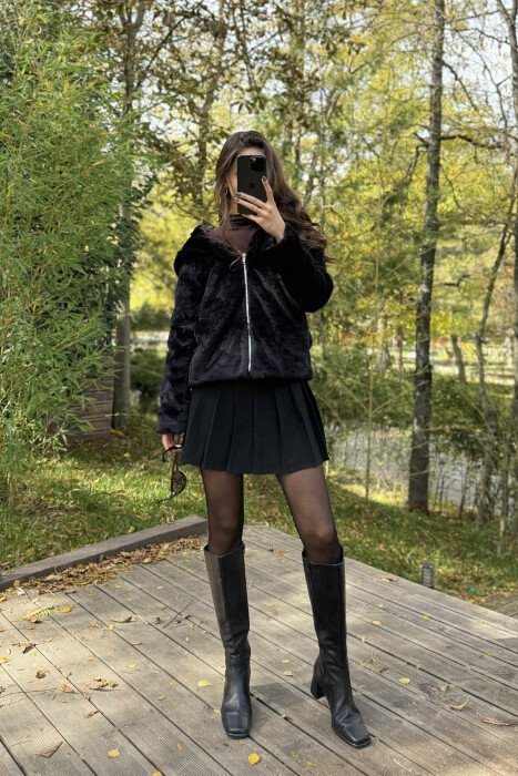 ONE COLOR HOODED FLUFFY WOMEN JACKET BLACK/ E ZEZE - 1