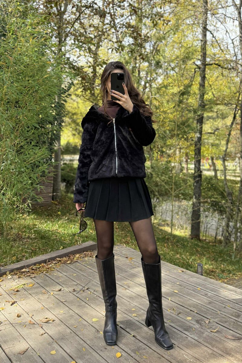 ONE COLOR HOODED FLUFFY WOMEN JACKET BLACK/ E ZEZE - 1
