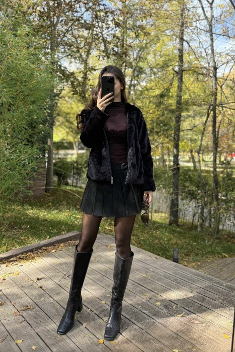 ONE COLOR HOODED FLUFFY WOMEN JACKET BLACK/ E ZEZE - 2