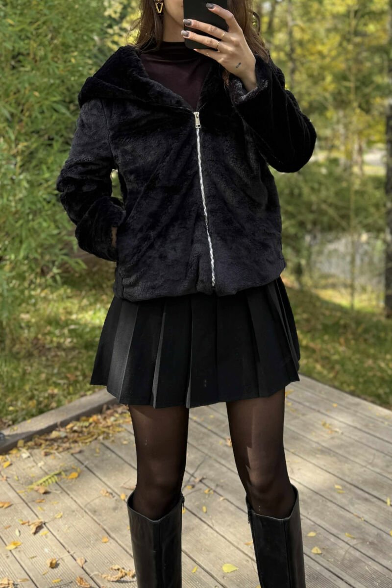 ONE COLOR HOODED FLUFFY WOMEN JACKET BLACK/ E ZEZE - 3