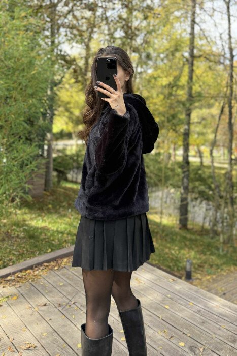 ONE COLOR HOODED FLUFFY WOMEN JACKET BLACK/ E ZEZE - 4