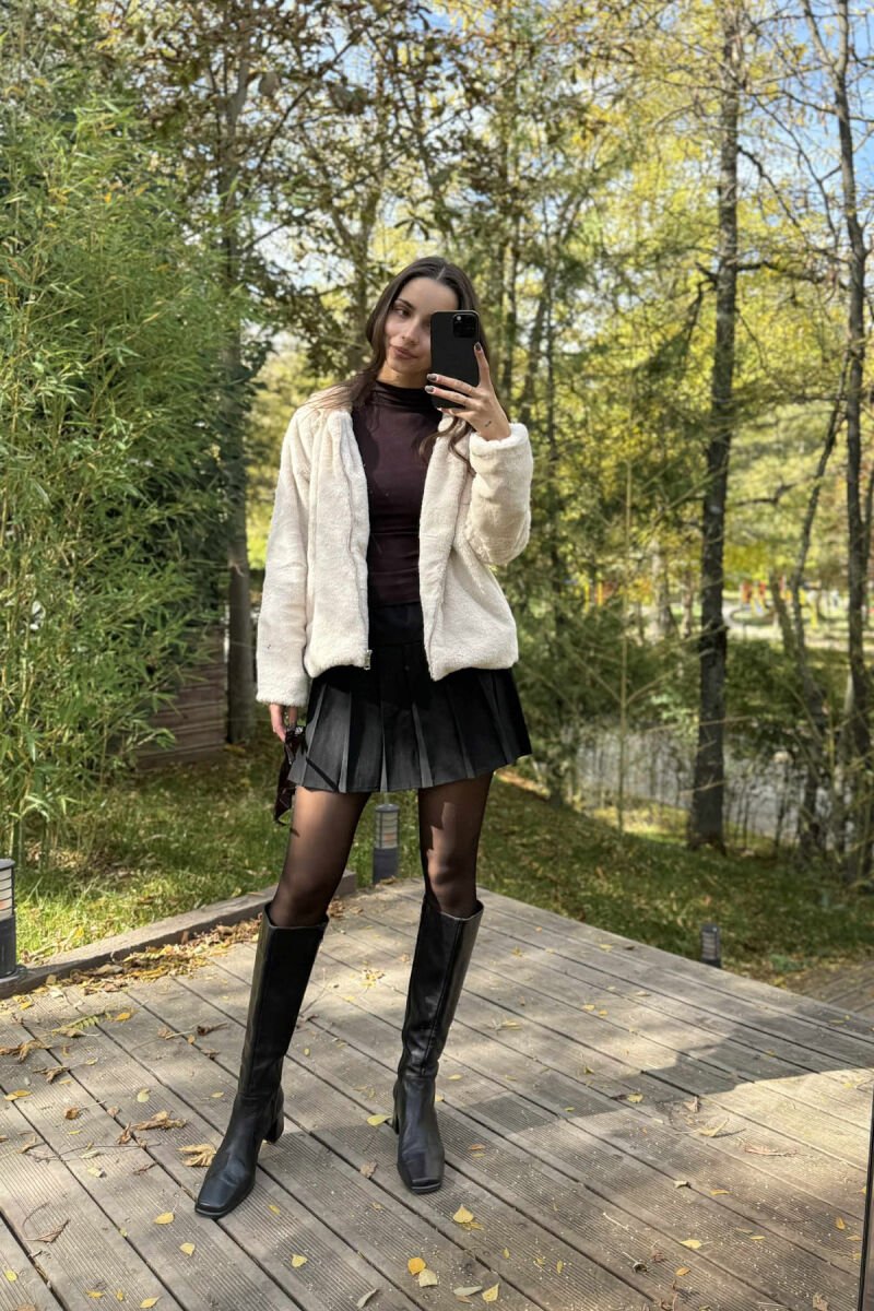 ONE COLOR HOODED FLUFFY WOMEN JACKET CREAM/KREM - 1