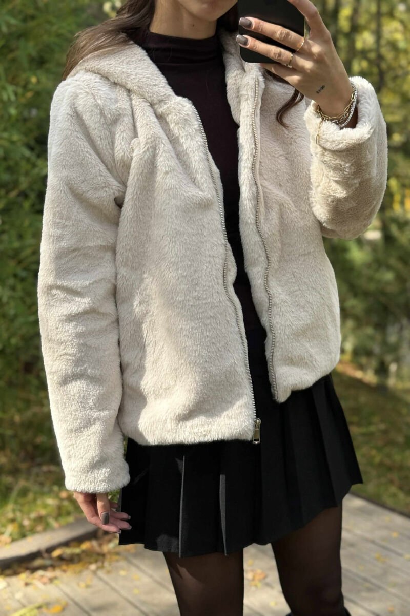 ONE COLOR HOODED FLUFFY WOMEN JACKET CREAM/KREM - 4