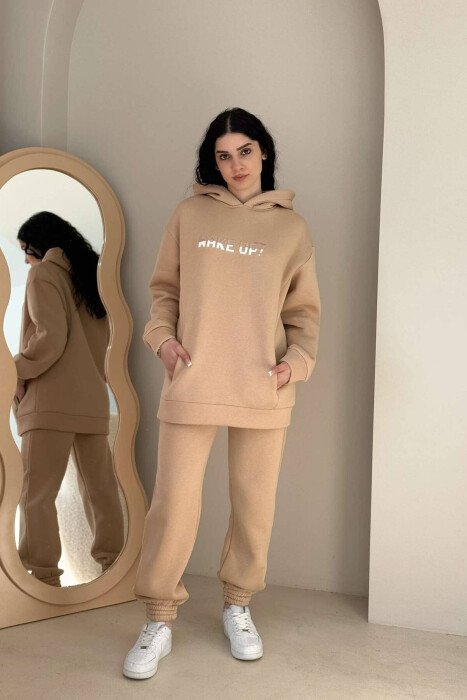 HOODED FLUFFY WOMEN SET BEIGE/BEZHE - KLAUDIO FASHION