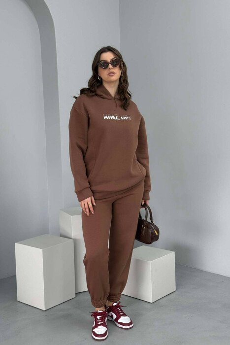 HOODED FLUFFY WOMEN SET BROWN/KAFE - KLAUDIO FASHION