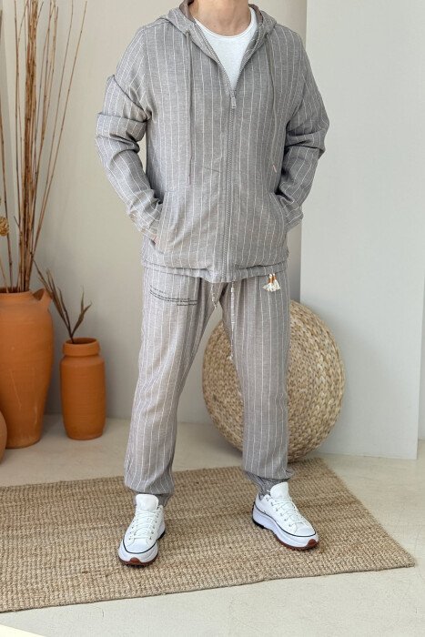 HOODED JACKET+PANTS LACINGS STRIPES MEN SET GREY/GRI - KLAUDIO FASHION