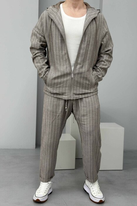 HOODED JACKET+TROUSERS STRIPED MEN SET GREY/GRI - KLAUDIO FASHION