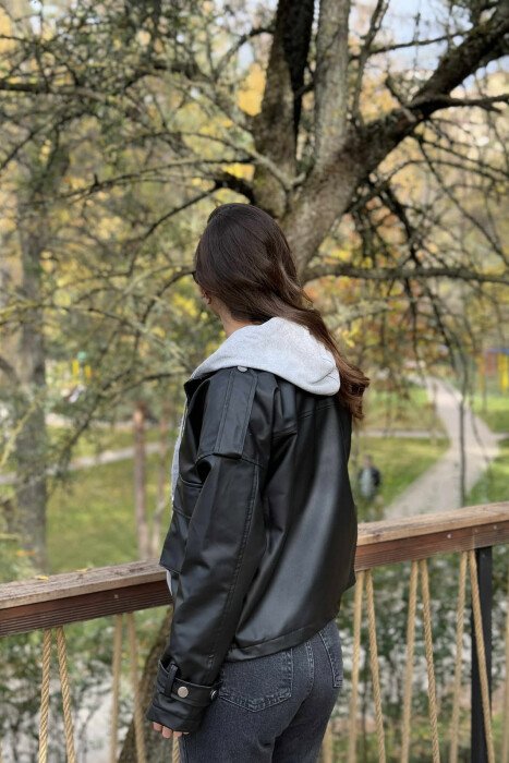 HOODED LEATHER WOMEN JACKET BLACK/ E ZEZE - 4