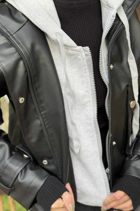 HOODED LEATHER WOMEN JACKET BLACK/ E ZEZE - 5