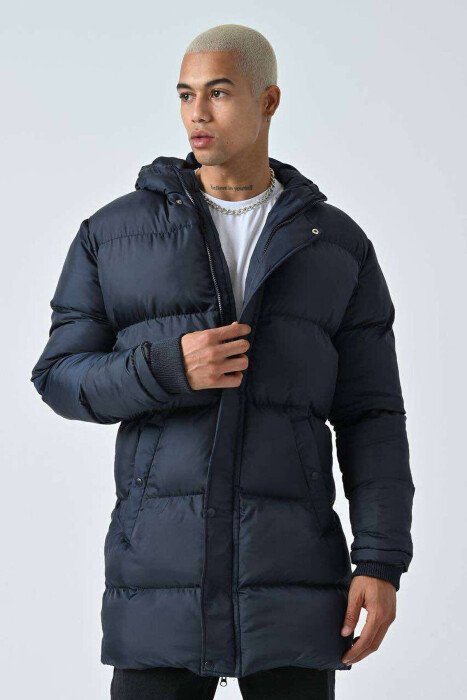 HOODED MEN PUFFER JACKET DARK BLUE/BEE - KLAUDIO FASHION