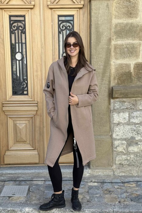 HOODED ONE COLOR LONG WOMEN CARDIGAN BROWN/KAFE - KLAUDIO FASHION