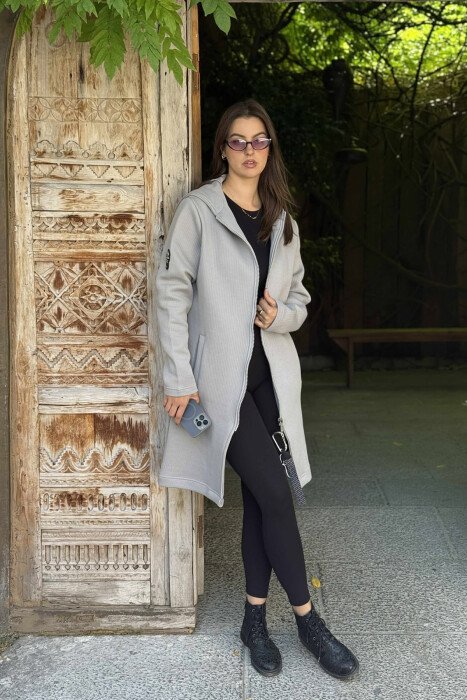 HOODED ONE COLOR LONG WOMEN CARDIGAN LIGHT GREY/GZ - 1