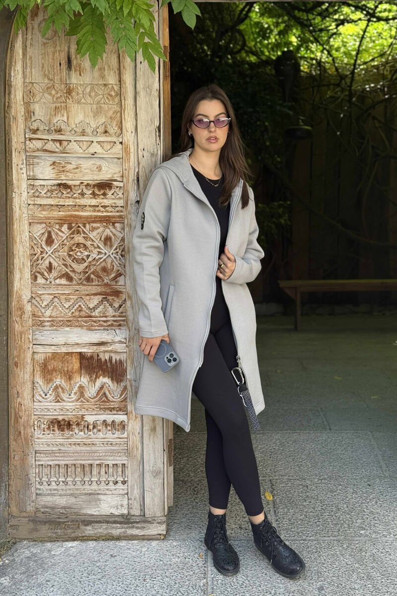 HOODED ONE COLOR LONG WOMEN CARDIGAN LIGHT GREY/GZ - 1
