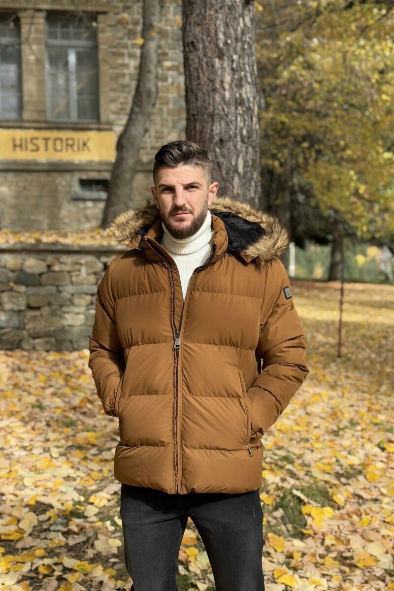 HOODED ONE COLOR MEN PUFFER JACKET BROWN/KAFE - 6
