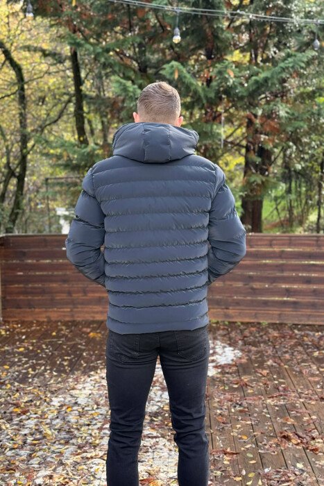 HOODED ONE COLOR MEN PUFFER JACKET DARK BLUE/BEE - 2