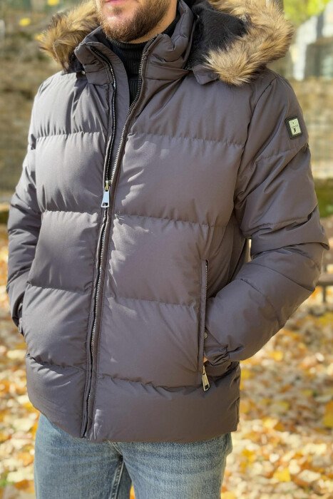 HOODED ONE COLOR MEN PUFFER JACKET DARK GREY/GEE - KLAUDIO FASHION