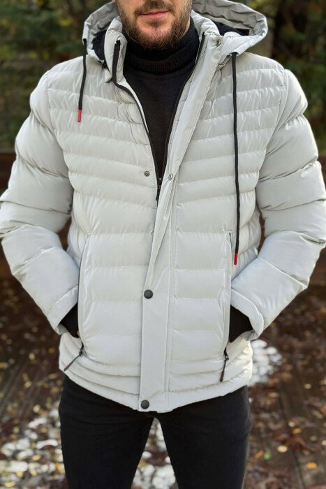 HOODED ONE COLOR MEN PUFFER JACKET LIGHT GREY/GZ - KLAUDIO FASHION
