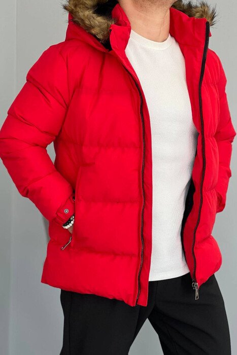 HOODED ONE COLOR MEN PUFFER JACKET RED/E KUQE - KLAUDIO FASHION