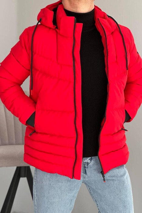 HOODED ONE COLOR MEN PUFFER JACKET RED/E KUQE - KLAUDIO FASHION