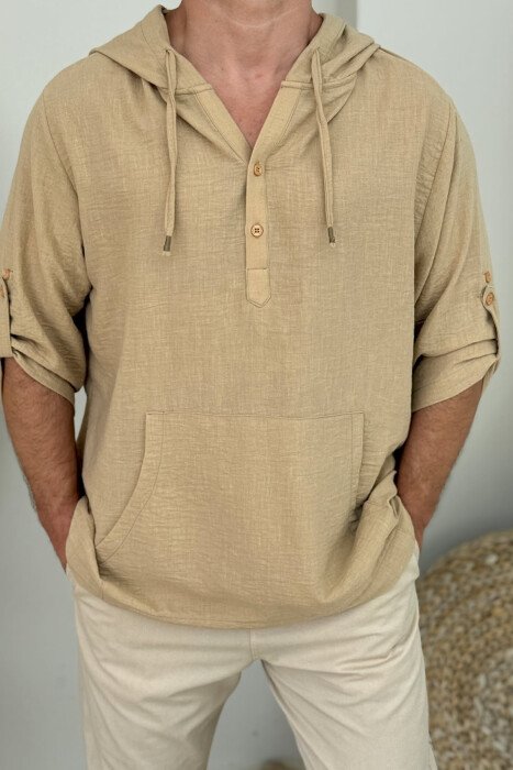 HOODED ONE COLOR MEN T-SHIRT BEIGE/BEZHE - 3