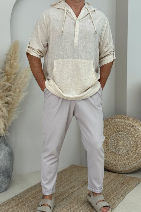 HOODED ONE COLOR MEN T-SHIRT CREAM/KREM 