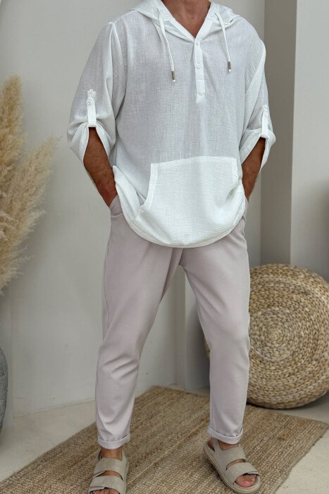 HOODED ONE COLOR MEN T-SHIRT WHITE-E BARDHE - KLAUDIO FASHION