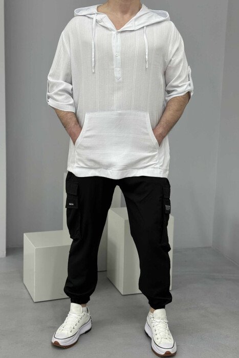 HOODED ONE COLOR MEN T-SHIRT WHITE-E BARDHE - 4