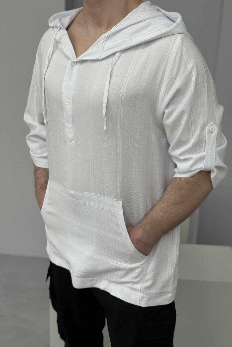HOODED ONE COLOR MEN T-SHIRT WHITE-E BARDHE - 5