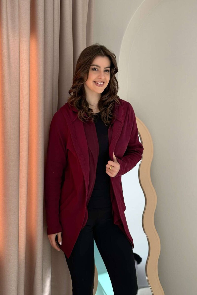 HOODED ONE COLOR WOMEN CARDIGAN BURGUNDY/VISHNJE - 3