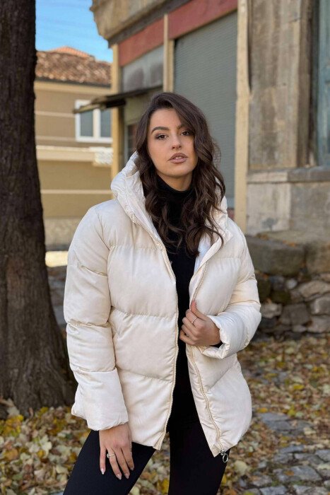 HOODED ONE COLOR WOMEN PUFFER JACKET CREAM/KREM 