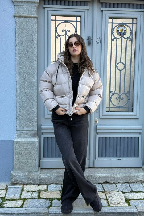 HOOD ONE COLOR WOMEN PUFFER JACKET BEIGE/BEZHE 
