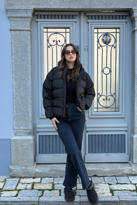 HOOD ONE COLOR WOMEN PUFFER JACKET BLACK/ E ZEZE 