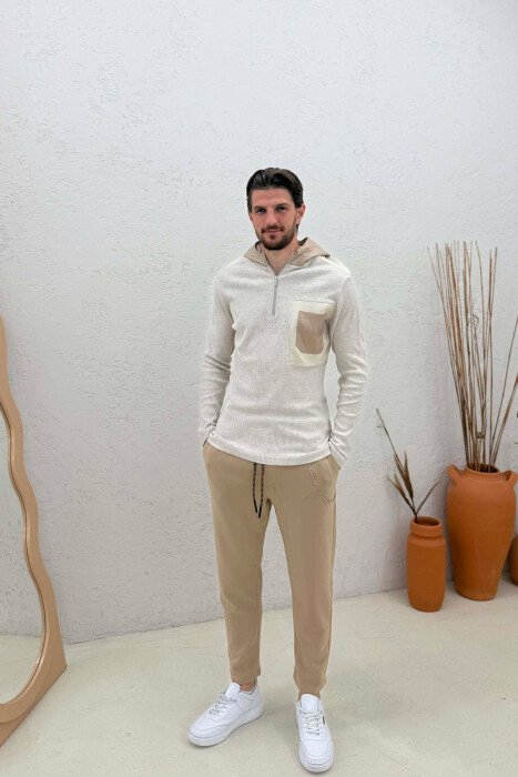 HOODED POCKET DETAIL ZIPPERED MEN SWEATSHIRT BEIGE/BEZHE - 1
