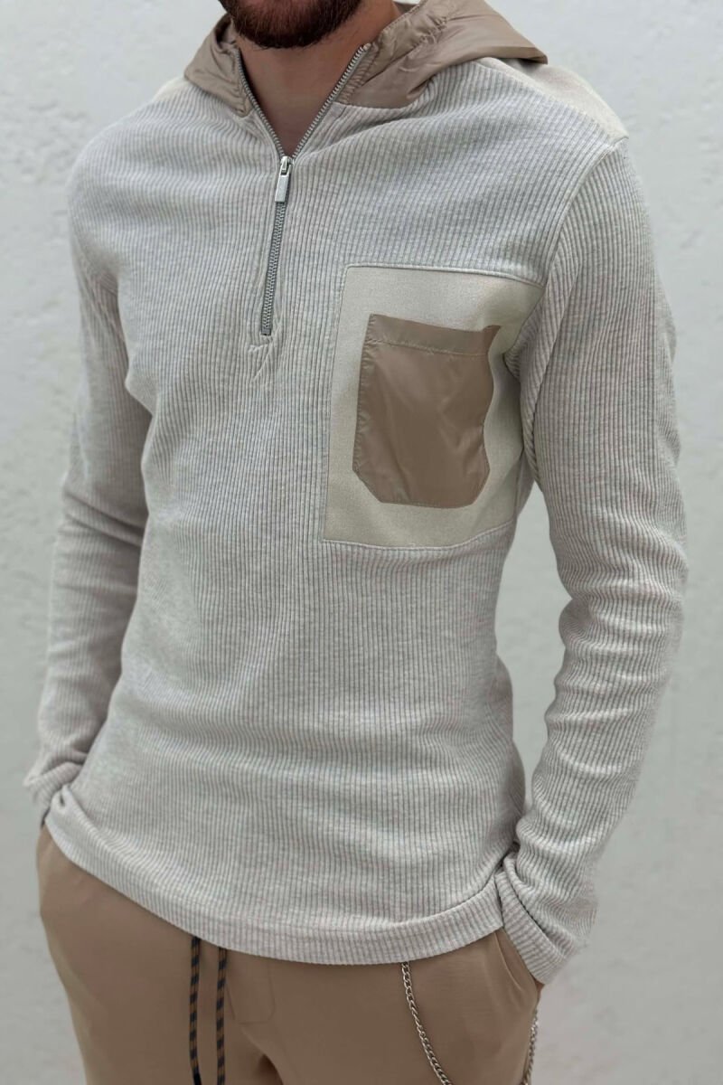 HOODED POCKET DETAIL ZIPPERED MEN SWEATSHIRT BEIGE/BEZHE - 2