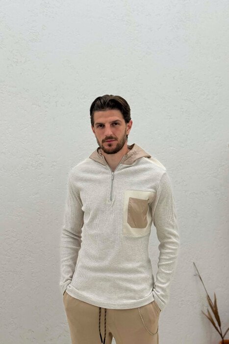 HOODED POCKET DETAIL ZIPPERED MEN SWEATSHIRT BEIGE/BEZHE - 3