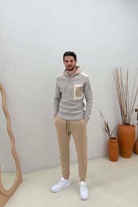 HOODED POCKET DETAIL ZIPPERED MEN SWEATSHIRT DARK BEIGE/BEZHE ERRET - 1
