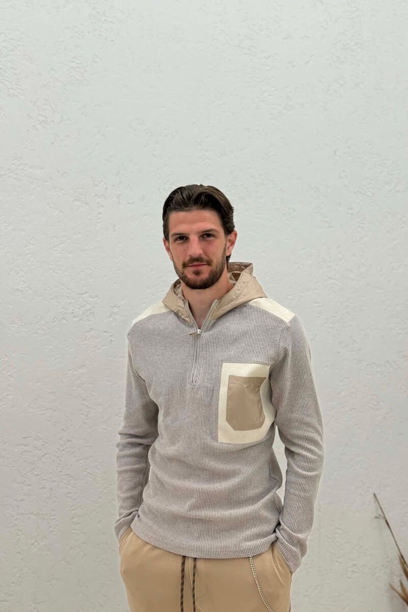 HOODED POCKET DETAIL ZIPPERED MEN SWEATSHIRT DARK BEIGE/BEZHE ERRET - 3